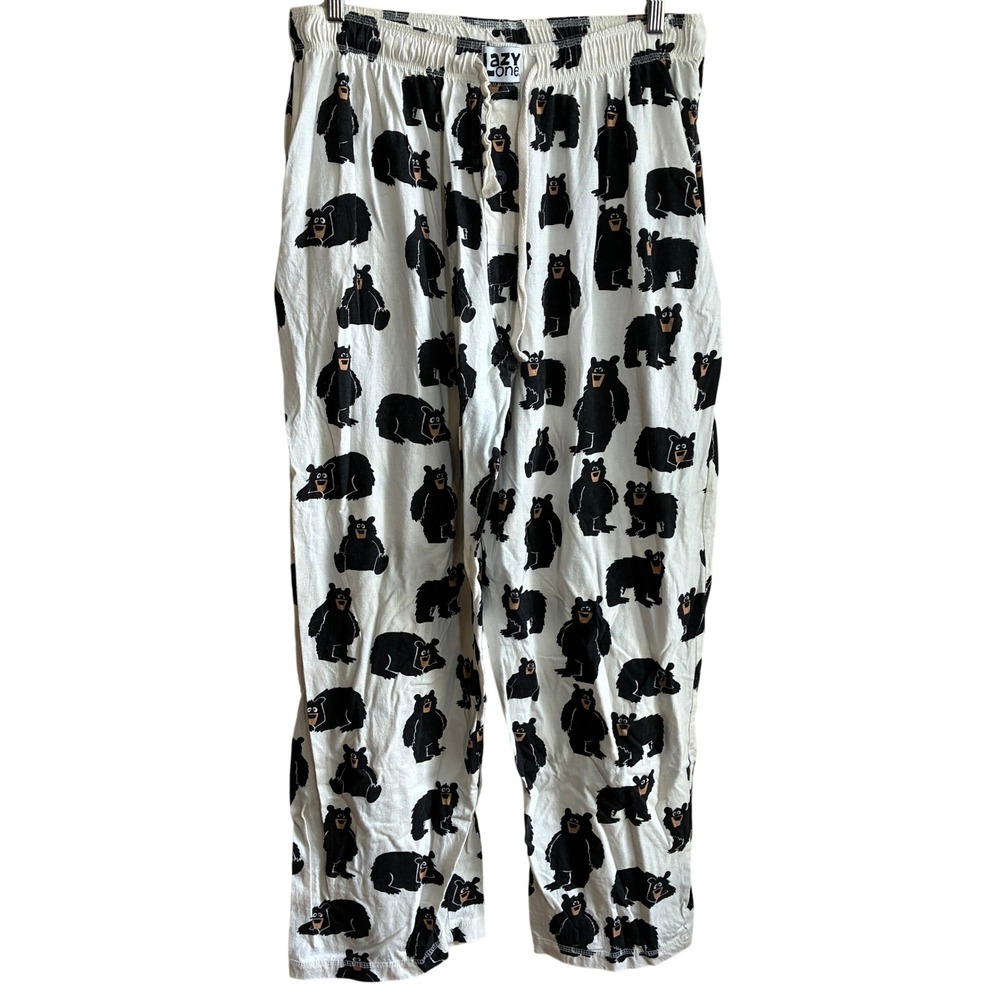 Lazy One Black Bear Pajama Pants XL White Cotton Loungewear Unisex Pockets